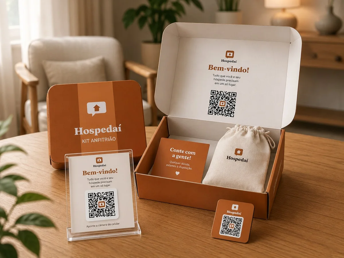 Kit Anfitrião Hospedaí: caixa com placa de acrílico com QR code, ímã, cartão de boas-vindas e sacola de amenities