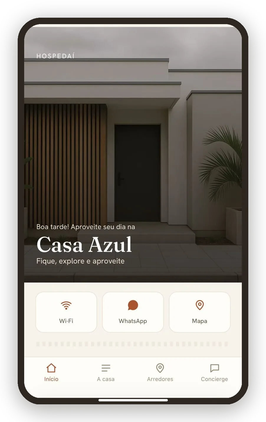 Tela inicial do guia Hospedaí com a capa do imóvel Casa Azul