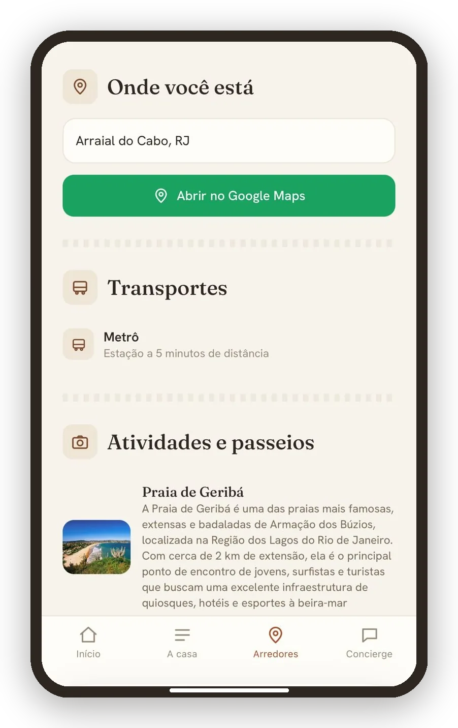 Arredores com mapa, transporte e atividades